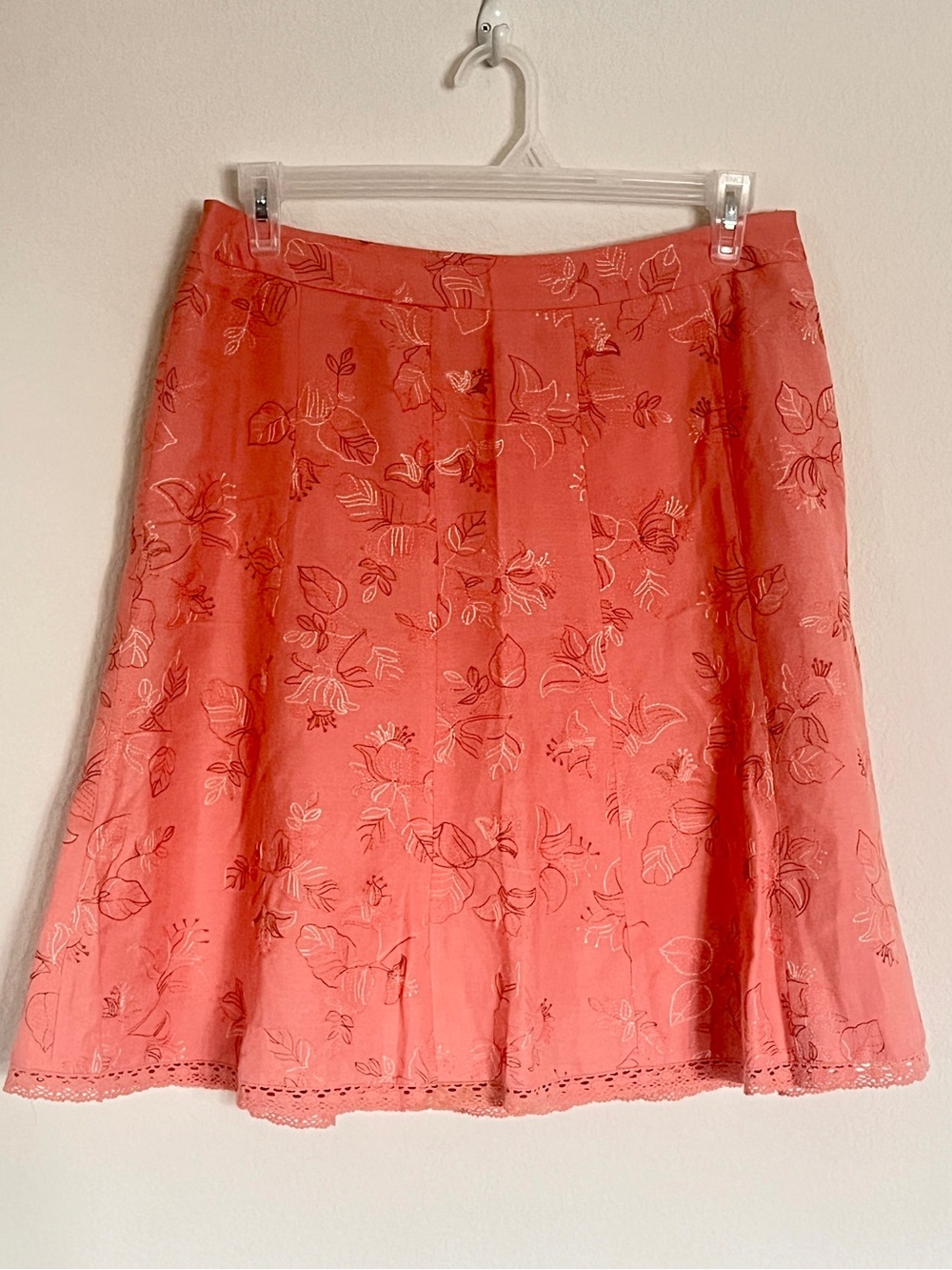 Linen Blend Skirt by Dressbarn, Coral Floral Embroidered A-Line Eyelet Lace Hem